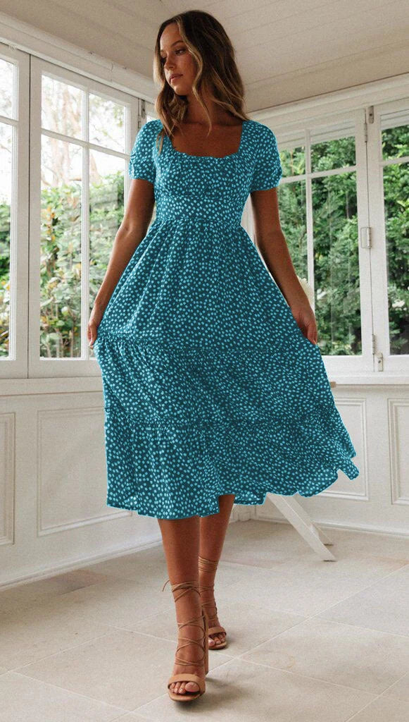 Elegant floral puff sleeve midi dress in various colours and patterns