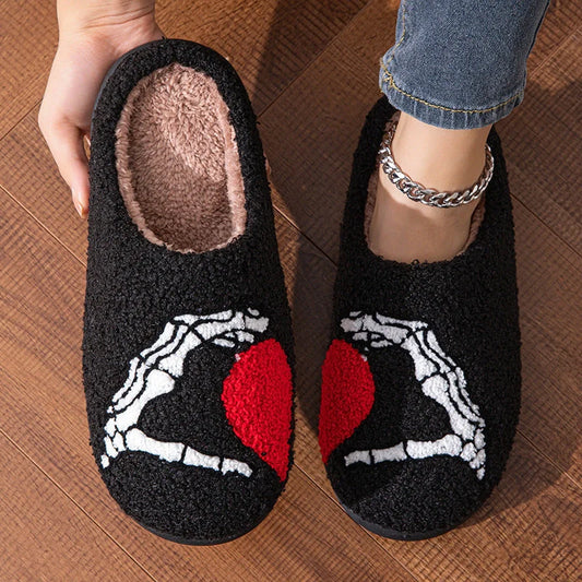 Halloween Skull Hand Slippers in black and white with non-slip soles