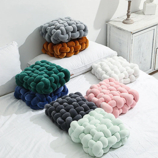Creative Home Woven Square Plush Cushion in various colours, showcasing novel weaving design