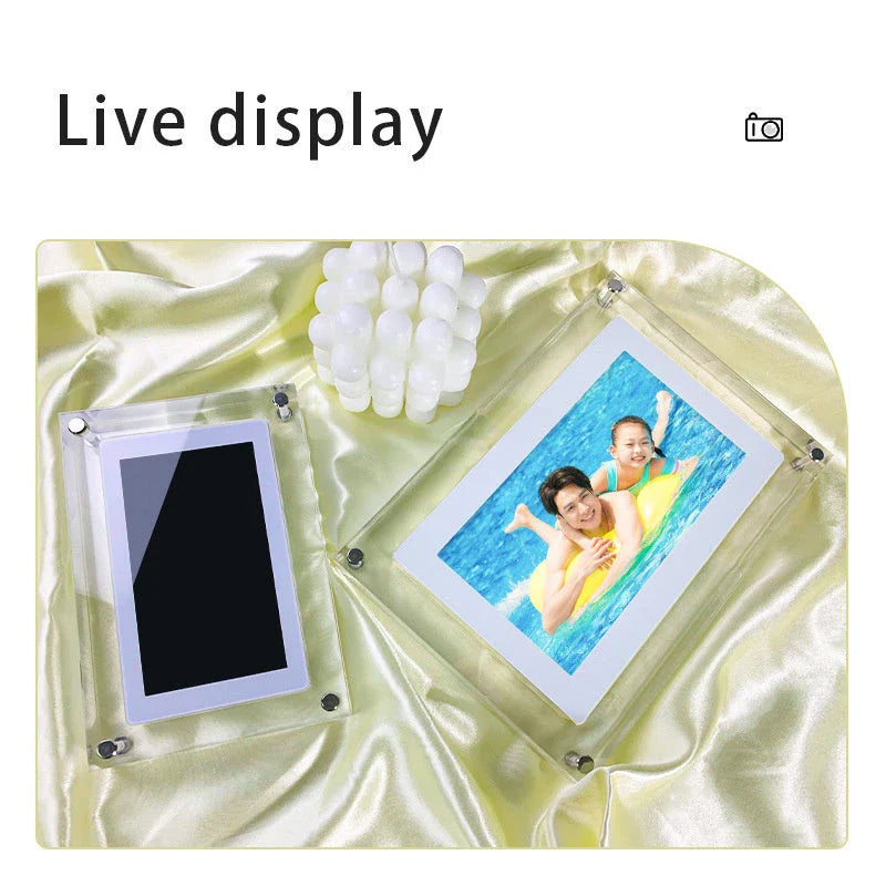 Stylish digital picture frame with acrylic exterior, supporting full HD video playback, automatic content recognition, and dual-speaker audio system