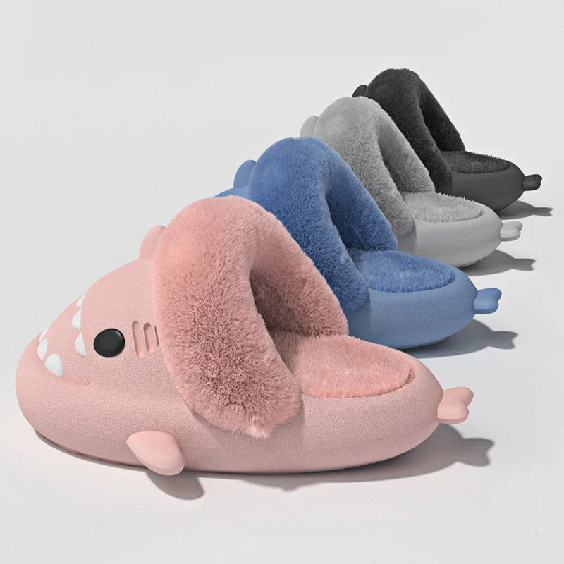 Cozy Shark Slippers with plush, fuzzy interior and thick, non-slip sole for comfortable, warm house shoes