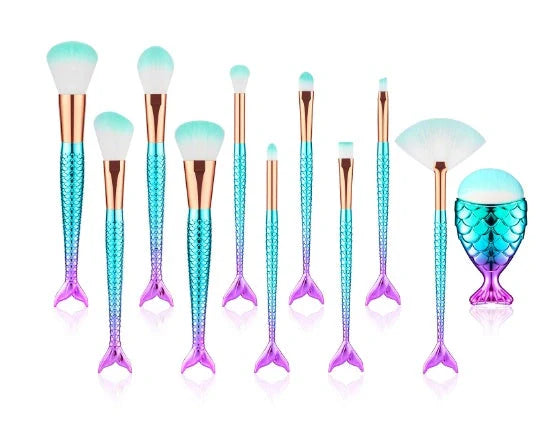 11-piece mermaid themed makeup brush set with synthetic fibres for flawless application
