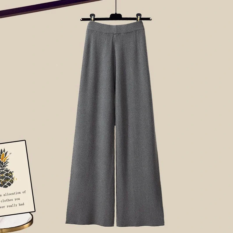 Women's 3-piece knitted sweater suit with shirt and wide leg pants in grey and white