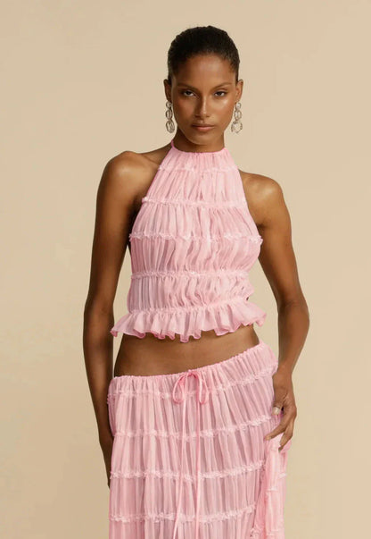 Chic sleeveless backless cropped halter top and pleated maxi dress set in various colors