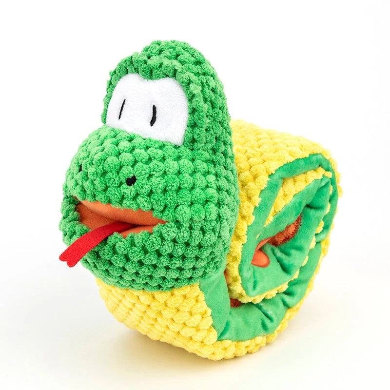 Snake-shaped polar fleece snuffle toy for dogs with foraging treats