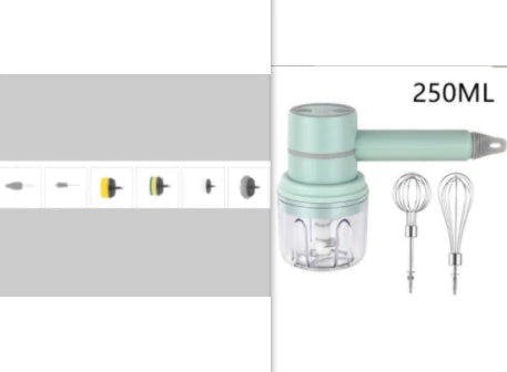 Rechargeable cordless electric hand mixer with 3-speed motor, whisk and egg beater attachments, and ergonomic design for easy baking and mixing