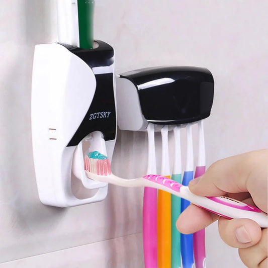 Dust-proof automatic toothpaste squeezer and toothbrush holder set in black, blue, or red