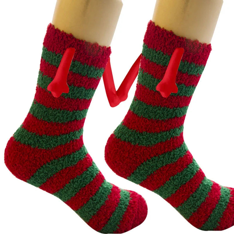 Christmas couple socks with magnetic suction feature for hand holding, festive 3D animal patterns