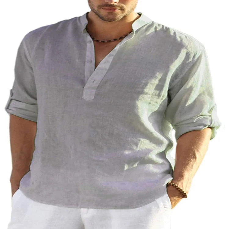 A stylish linen-blend men's casual shirt with a stand collar, button-down closure, and slim tailored fit