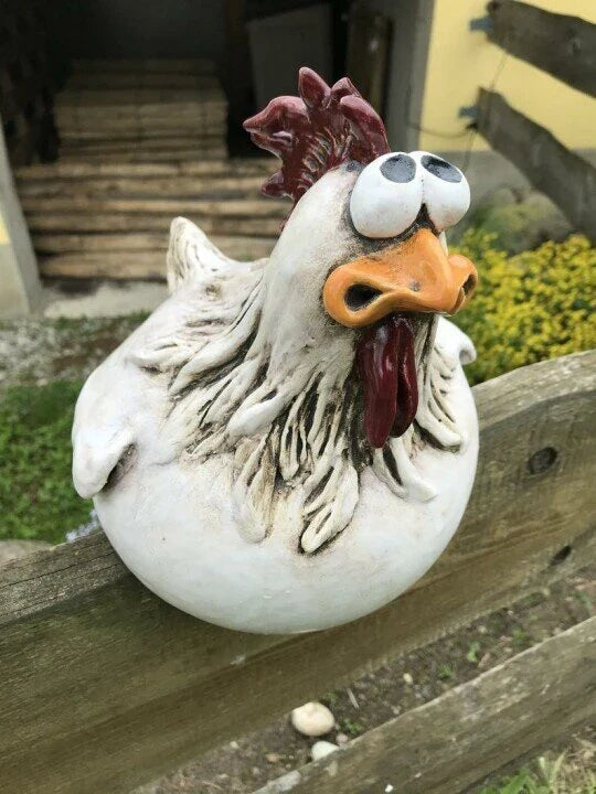 Charming resin chicken garden ornament with vibrant colours and playful design, perfect for adding a whimsical touch to outdoor spaces