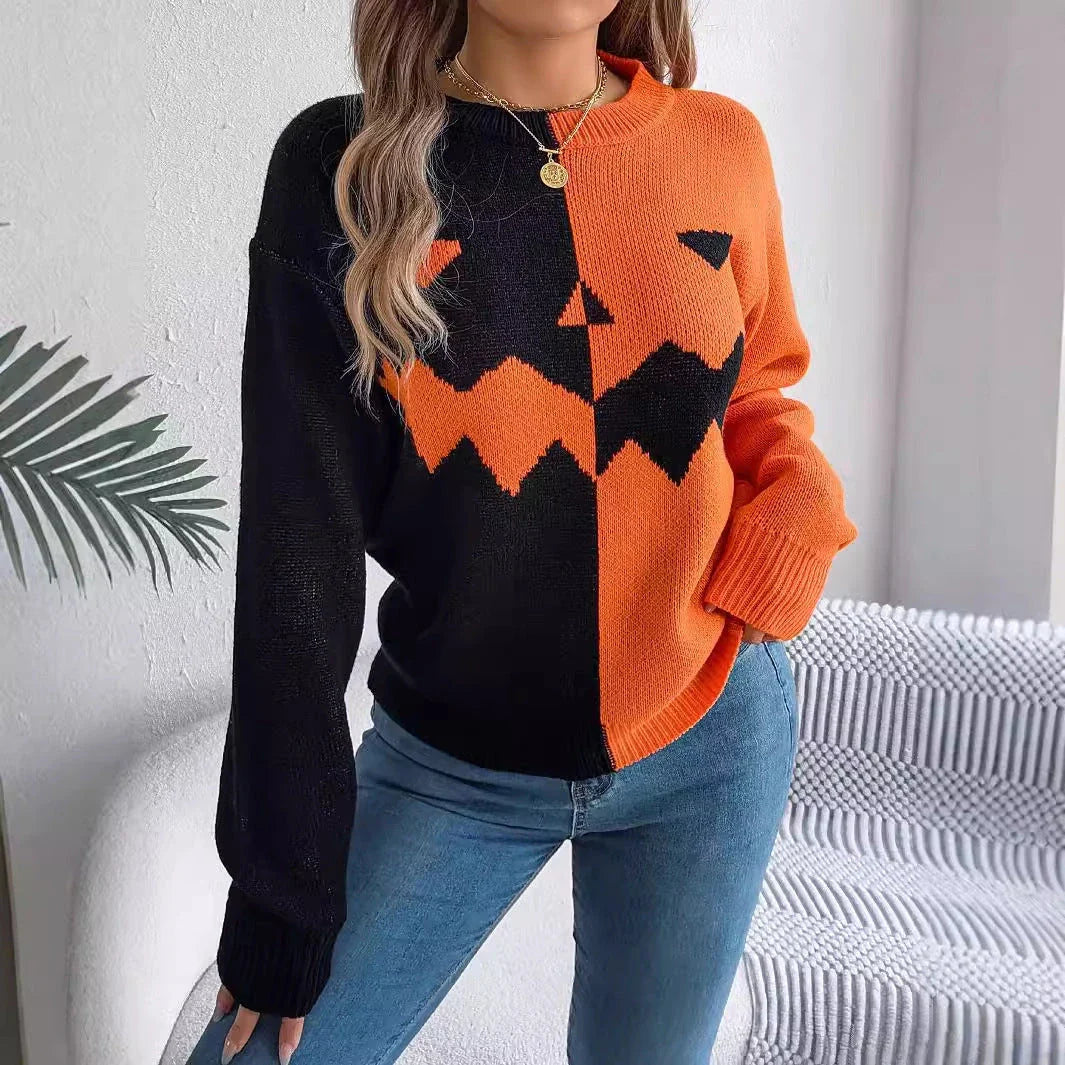 A stylish Halloween pullover sweater with a ghost motif, available in a variety of vibrant colors and sizes.