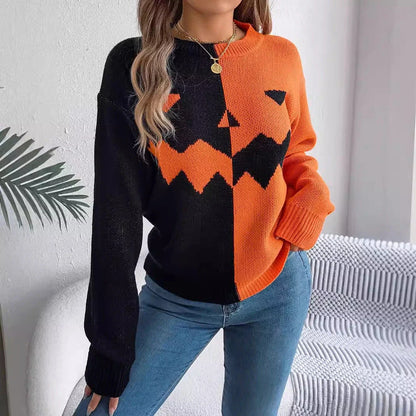 A stylish Halloween pullover sweater with a ghost motif, available in a variety of vibrant colors and sizes.