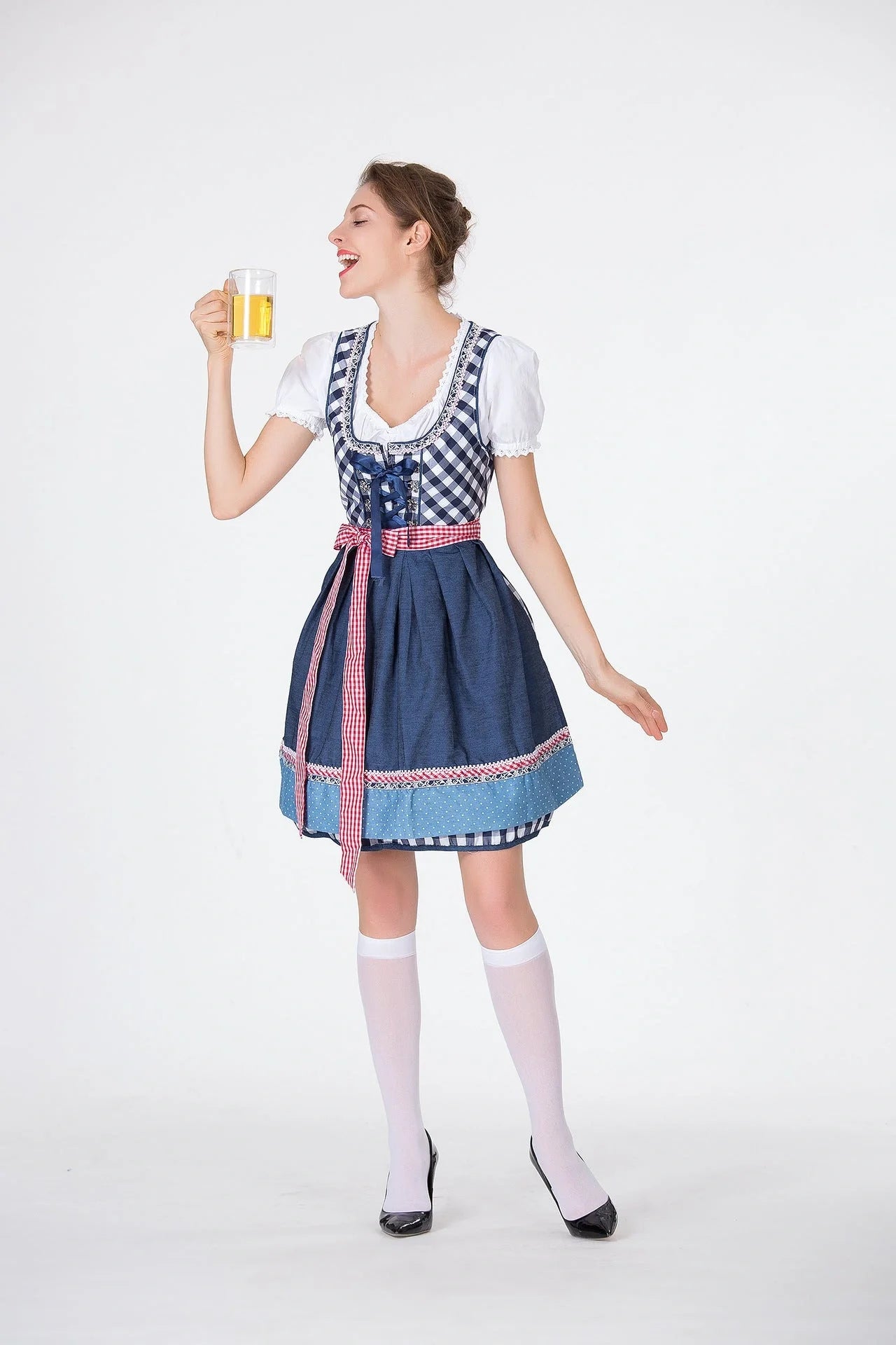 Bavarian Traditional Beer Dress in red, includes top, skirt, and apron.