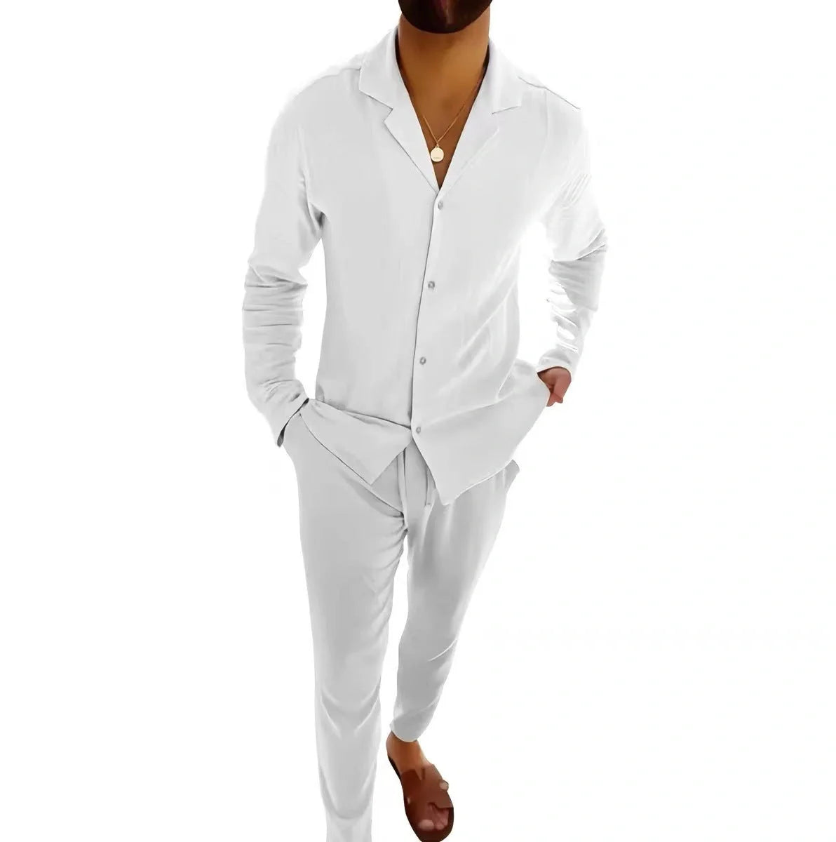 Men's casual long-sleeved suits with single-breasted shirt and slim-fit trousers in various colours