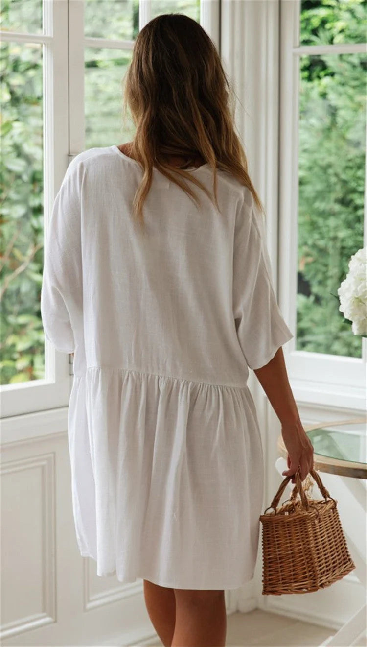 Beach Bikini Blouse Loose Button Vacation Skirt in white and black, perfect for swimming and wading.