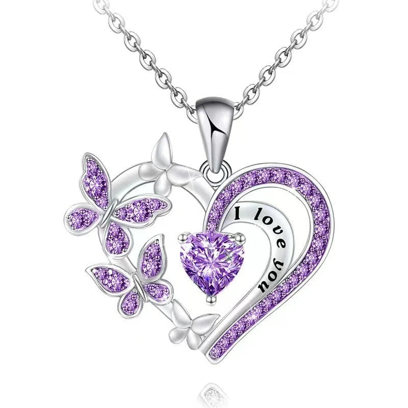Butterfly Love Necklace with rhinestones and hollow heart-shaped pendant in white, purple, or pink