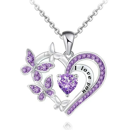Butterfly Love Necklace with rhinestones and hollow heart-shaped pendant in white, purple, or pink