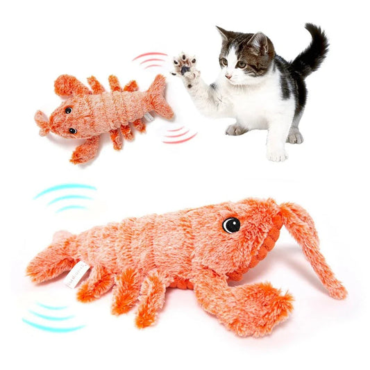 USB-rechargeable jumping lobster plush toy for cats with three tail-swinging modes and durable design