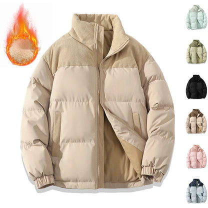 A stylish padded winter coat with contrast-coloured accents, designed for both men and women to stay warm and look fashionable.