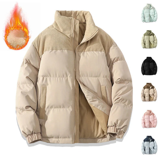 A stylish padded winter coat with contrast-coloured accents, designed for both men and women to stay warm and look fashionable.