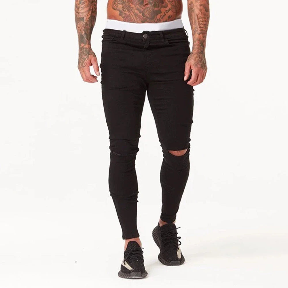 Premium cotton summer distressed skinny jeans for men with a slim, stretchy fit and an edgy, washed-out finish