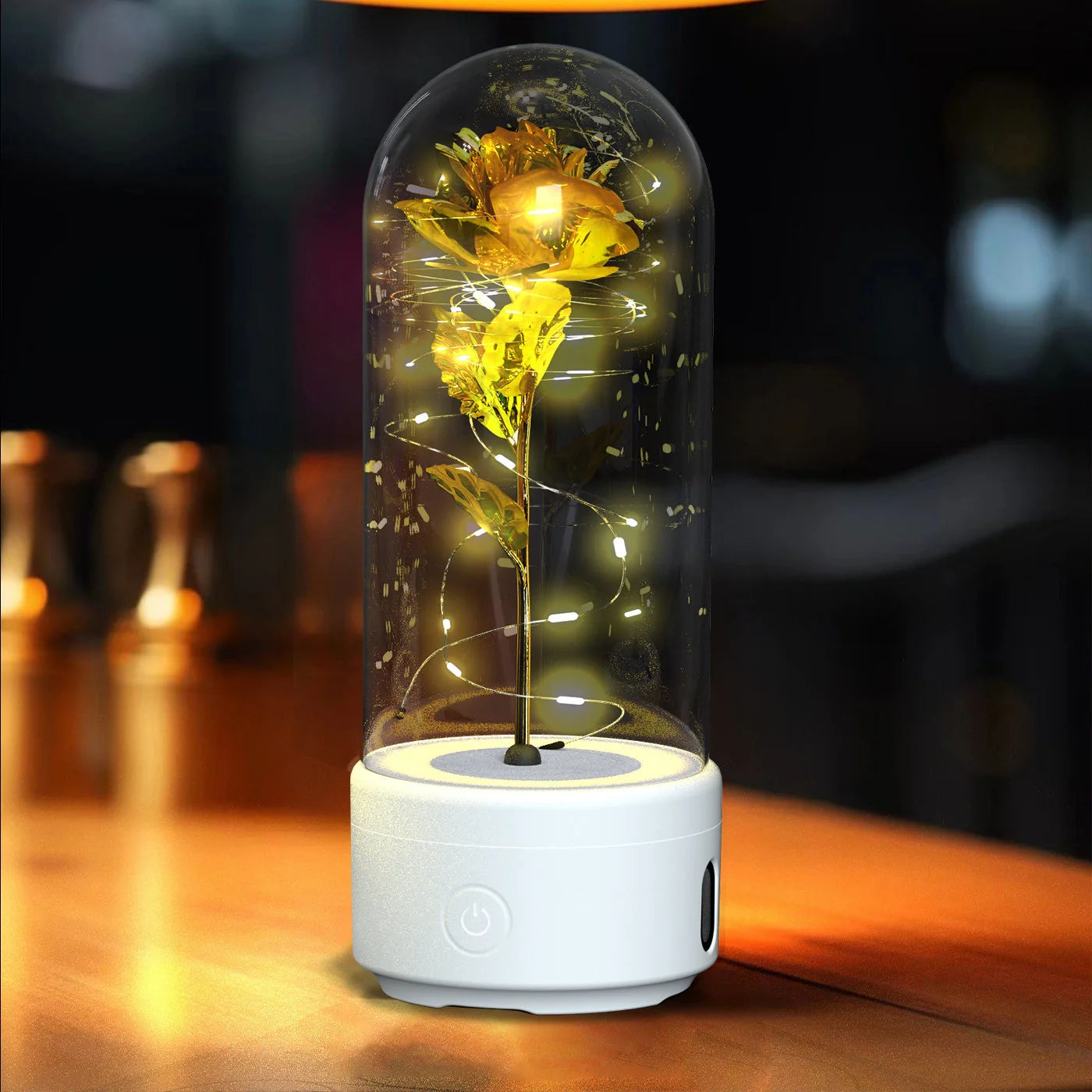 Elegant LED rose light with Bluetooth speaker in glass cover
