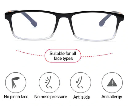 Stylish anti-blue light reading glasses in black, blue, brown, and purple frames with multiple strength options