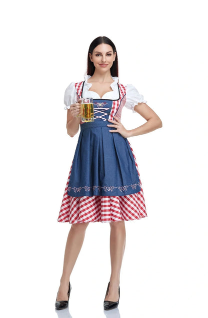 Traditional Oktoberfest ethnic dress for women in vibrant red denim with apron and ribbon