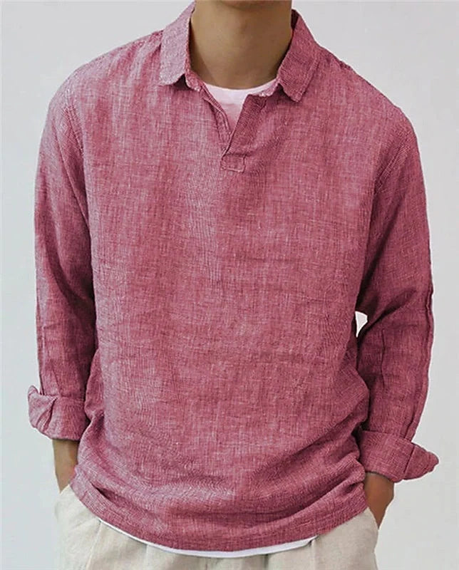 Men's European retro style cotton blend lapel pullover shirt in rose red, dark green, and gray