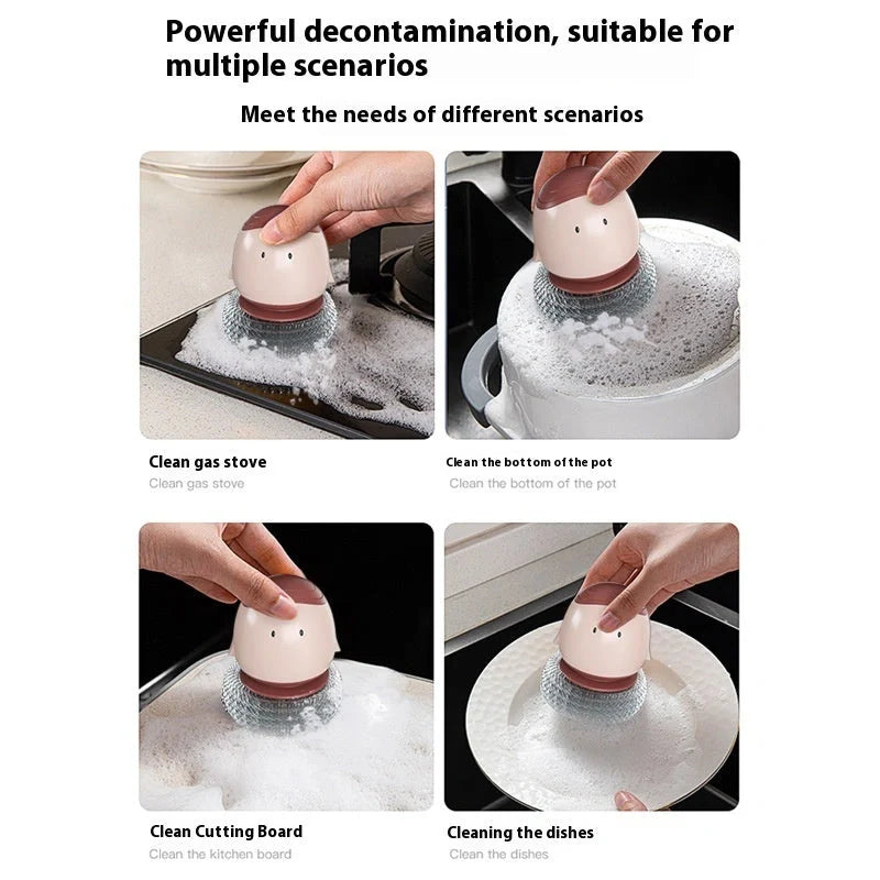 Automatic liquid filling dishwashing brush with cute chicken design and replaceable head