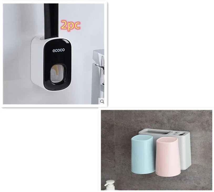 Wall-mounted automatic toothpaste dispenser with storage cups for toothbrush and bathroom accessories