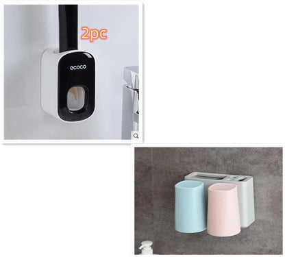 Wall-mounted automatic toothpaste dispenser with storage cups for toothbrush and bathroom accessories