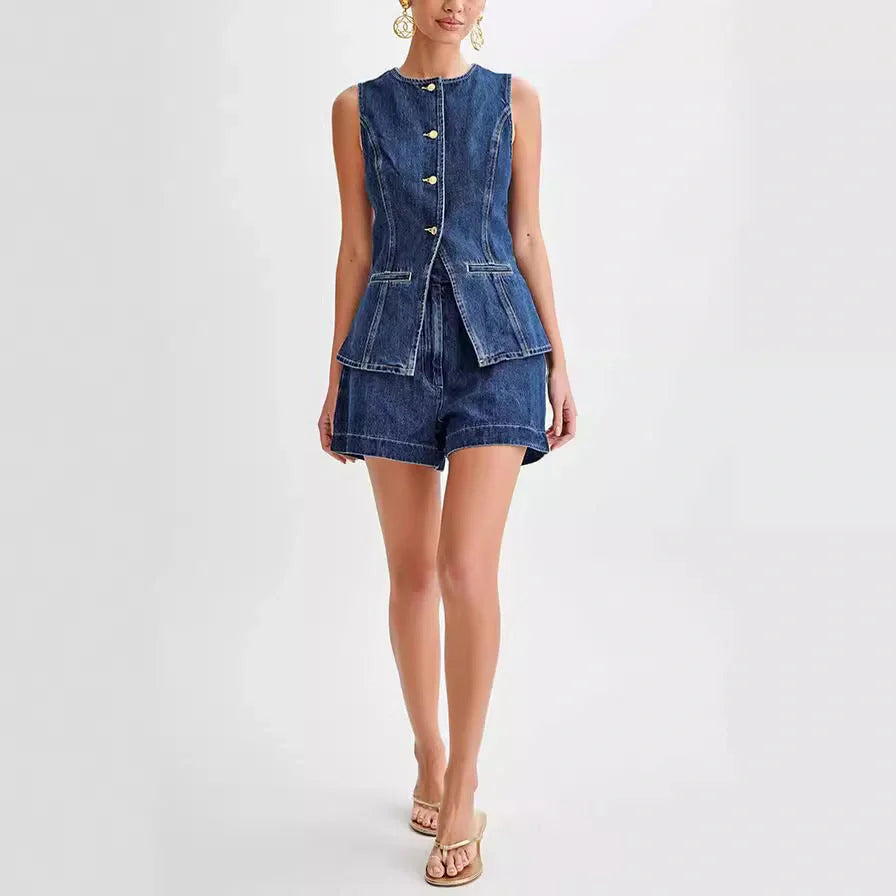 Stylish women's denim vest and high waist shorts set for summer casual wear
