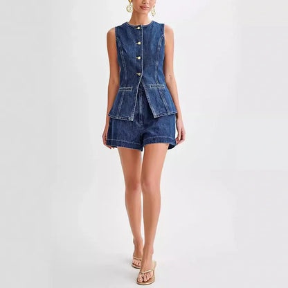 Stylish women's denim vest and high waist shorts set for summer casual wear