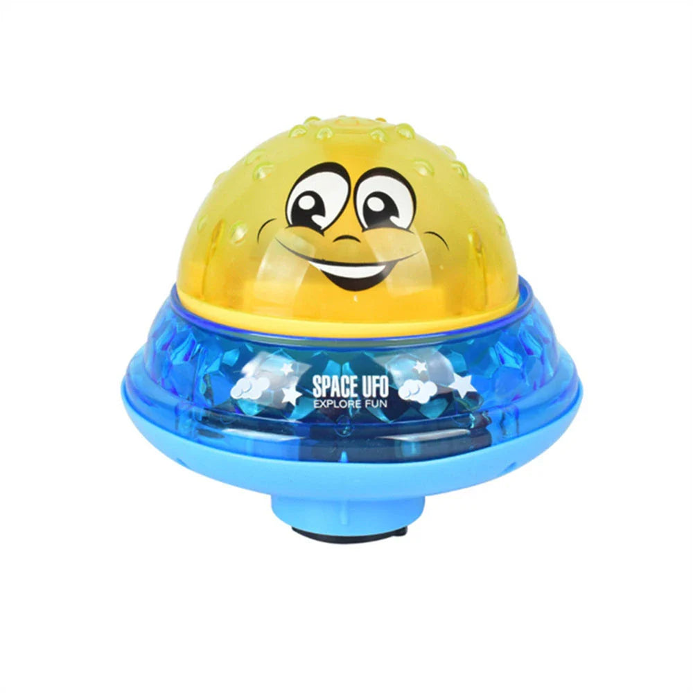 Rotating water sprinkler toy with colourful design and water spray feature for children's bath time fun