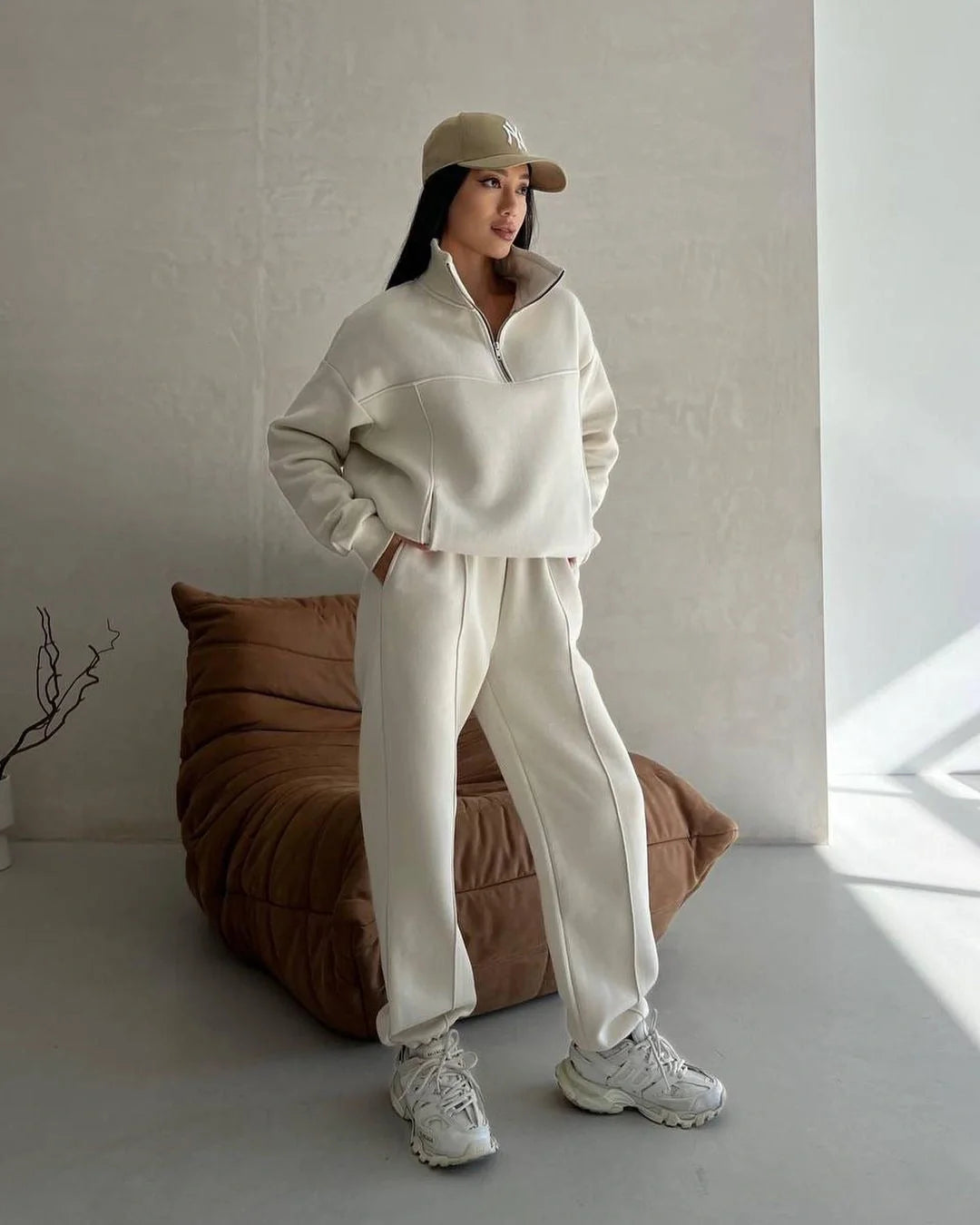 Stylish Y2K Women's Winter Jogging Two-Piece Set in apricot and navy blue