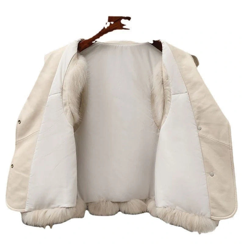 Women's patchwork winter fox fur jacket in milk tea and camel colours