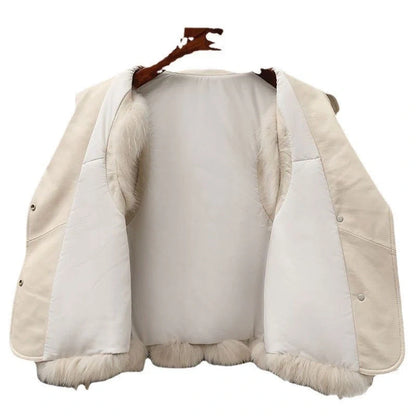 Women's patchwork winter fox fur jacket in milk tea and camel colours