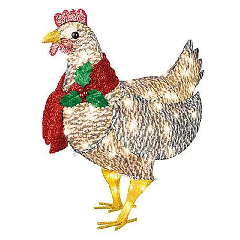 Decorated Christmas lantern with chicken design and scarf for garden decoration