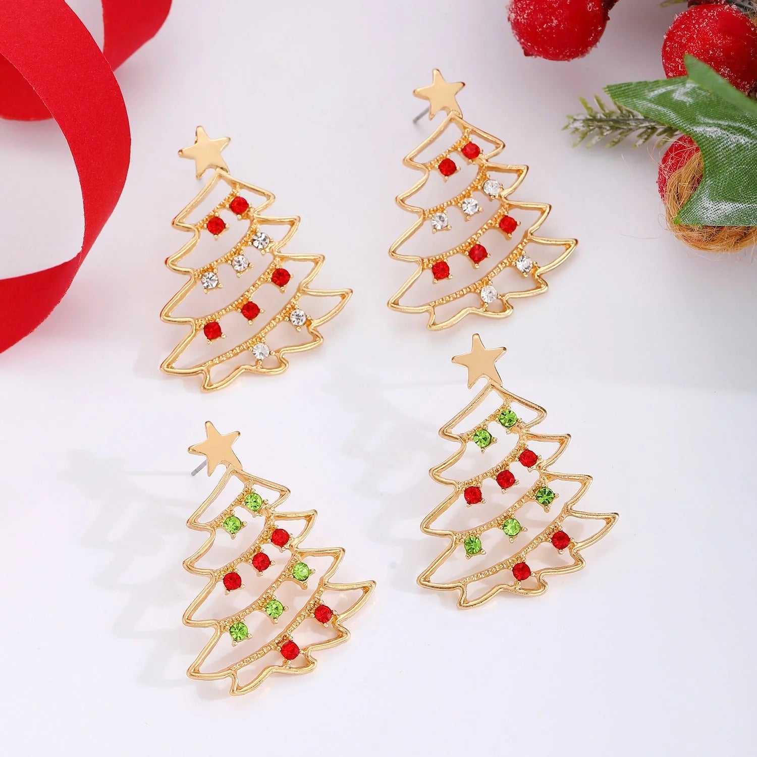Christmas Tree Zircon Earrings in Gold Red White and Gold Red Green