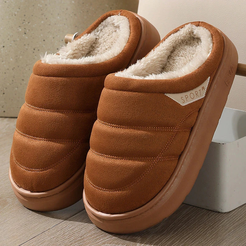 Cozy plush slippers with suede uppers, plush lining, and durable EVA soles for ultimate indoor comfort and warmth