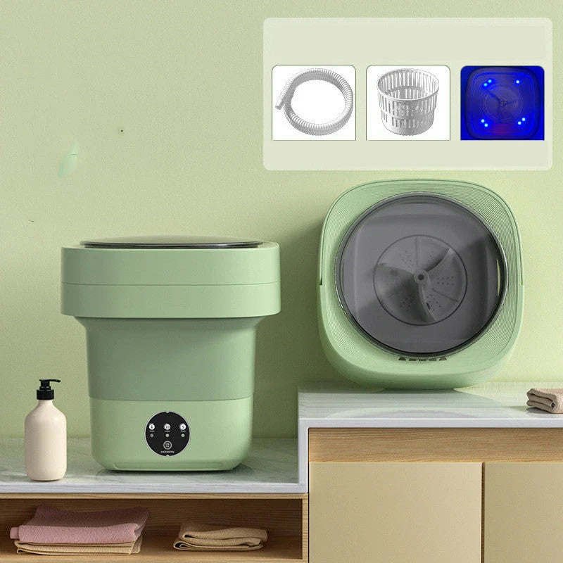 Compact folding washing machine for small spaces and travel, featuring a lightweight, portable design with powerful cleaning capabilities