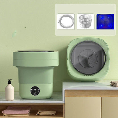 Compact folding washing machine for small spaces and travel, featuring a lightweight, portable design with powerful cleaning capabilities