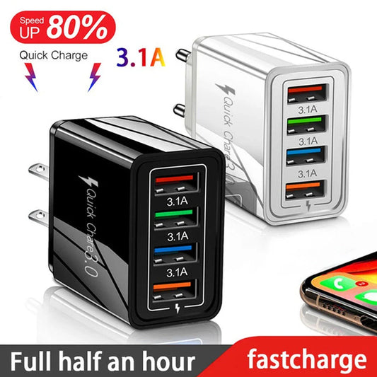 4-Port High-Speed USB Wall Charger with Quick Charge 3.0 Technology for Simultaneous Charging of Multiple Devices
