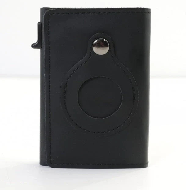 Premium leather wallet with built-in AirTag holder for secure everyday carry and item tracking