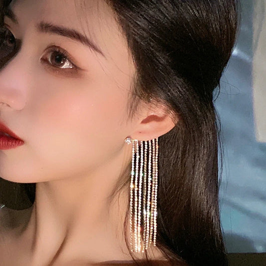 Long geometric tassel earrings with 14K real gold plating, available in gold and silver finishes
