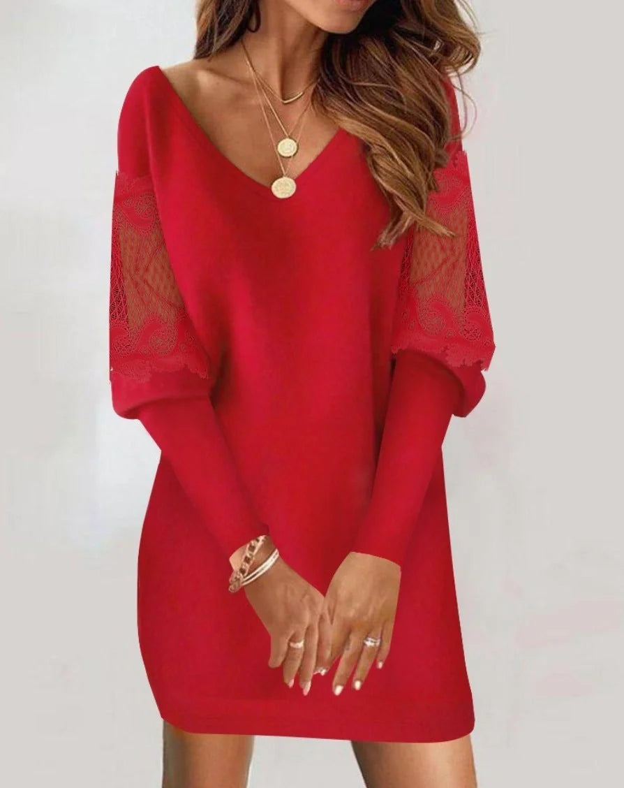 Long-sleeved V-neck dress with lace splicing detail in various colours