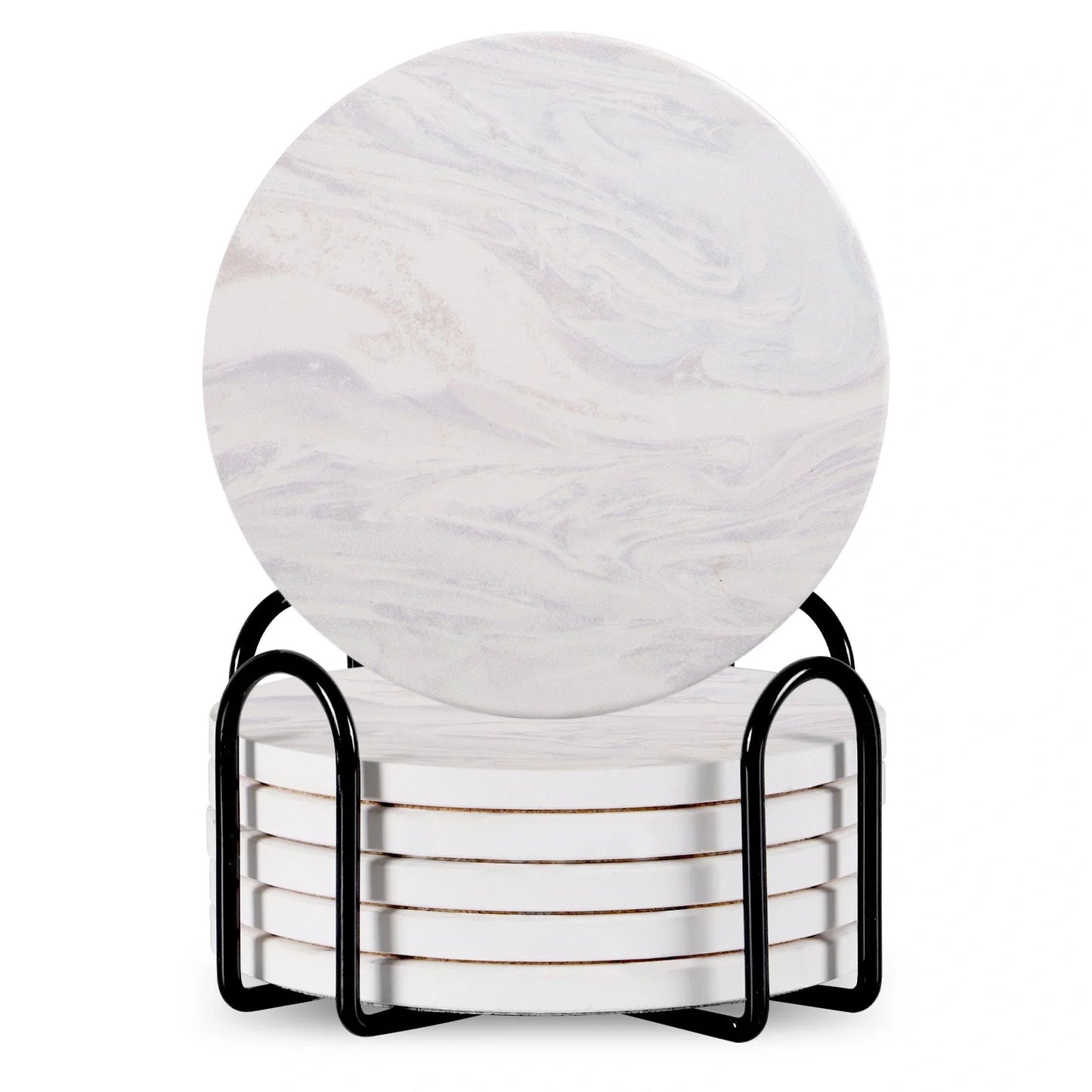Set of 6 ceramic beverage coasters with metal stand and cork base, elegant and practical.
