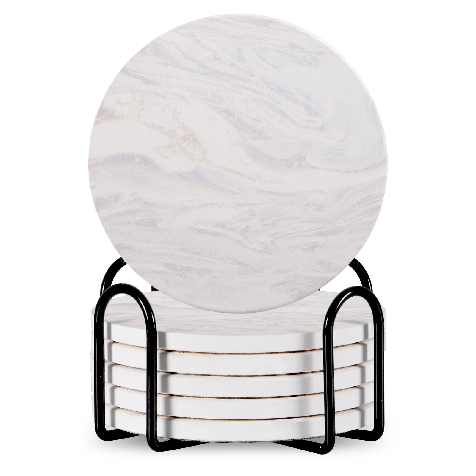 Set of 6 ceramic beverage coasters with metal stand and cork base, elegant and practical.