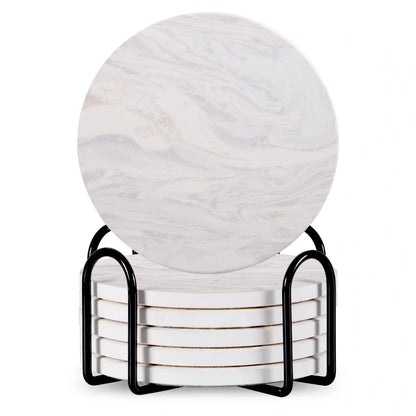 Set of 6 ceramic beverage coasters with metal stand and cork base, elegant and practical.